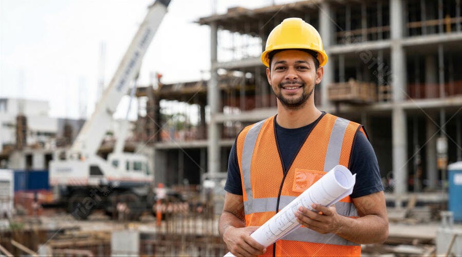 Foto Engenheiro Homem Sorrindo Obra Construção Civil Capacete