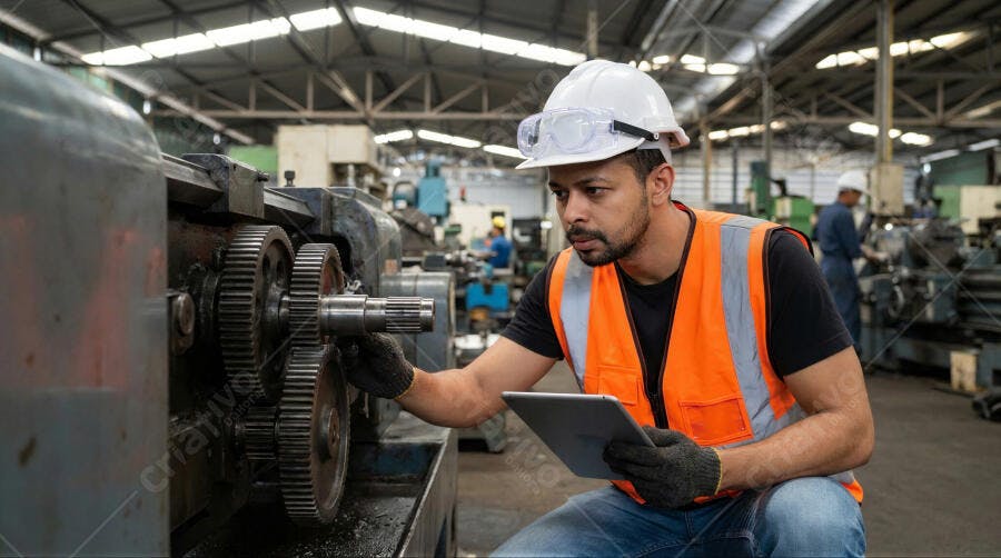 Foto Engenheiro Indiano Inspecionando Máquina Fábrica Industrial