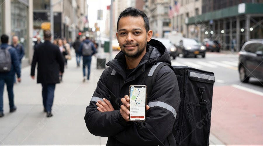 Foto Entregador Homem Indiano Sorrindo Mostrando App de Delivery na Rua