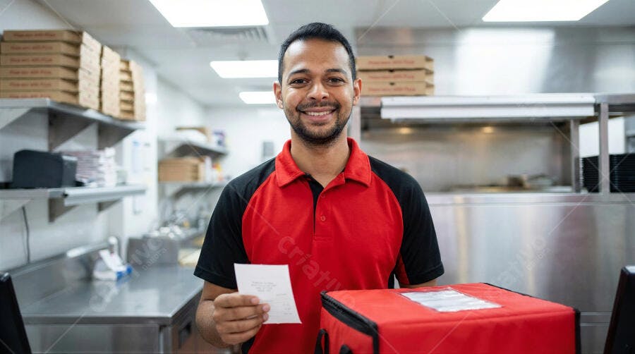 Foto Entregador Pizza Sorrindo Cozinha Restaurante Delivery
