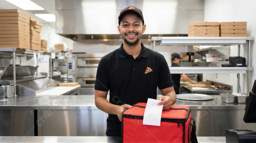 Foto Entregador Pizzaria Sorrindo com Bolsa de Delivery Cozinha Industrial