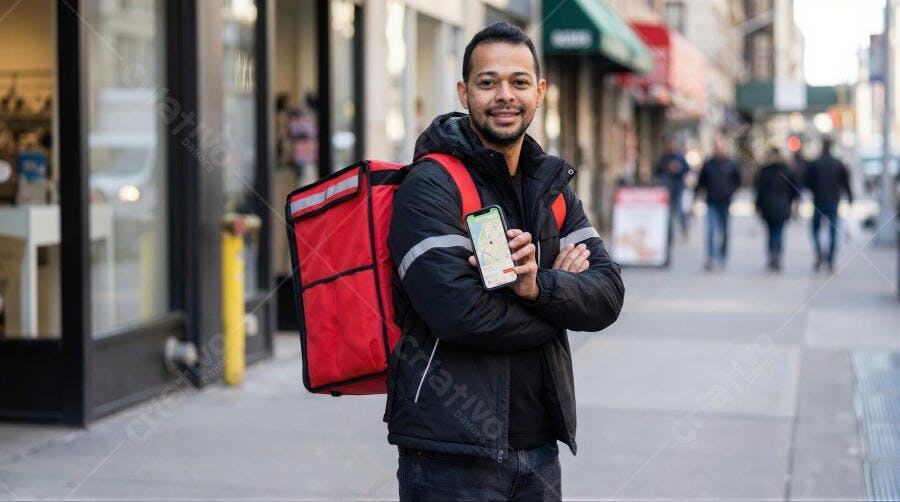 Foto Entregador Sorrindo Mochila Vermelha Rua Cidade