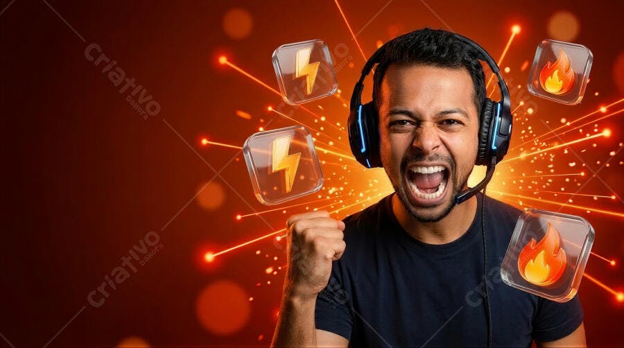 Foto Gamer Homem Celebrando Vitória Jogando Online Fundo Vermelho
