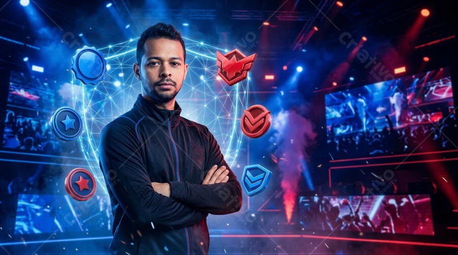 Foto Gamer Homem Jogador E-sports Fundo Virtual Azul Neon