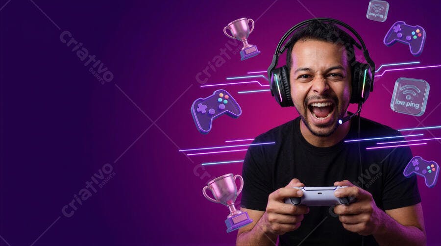 Foto Gamer Homem Jogando Videogame Fundo Roxo Neon