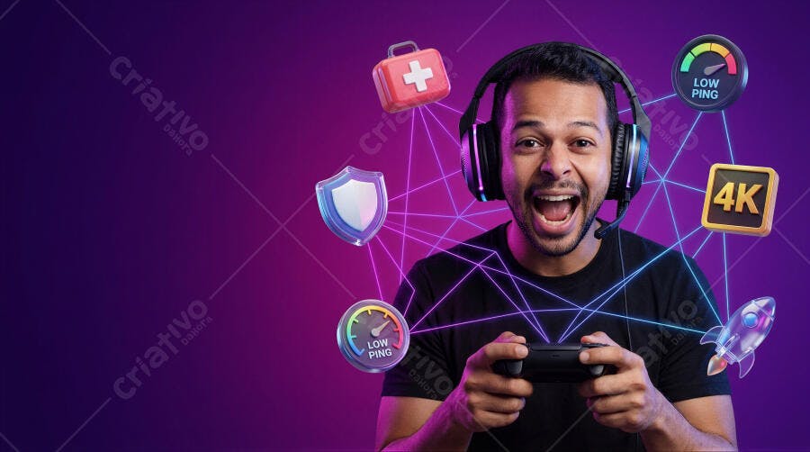 Foto Gamer Homem Jovem Jogando Videogame Fundo Roxo Neon