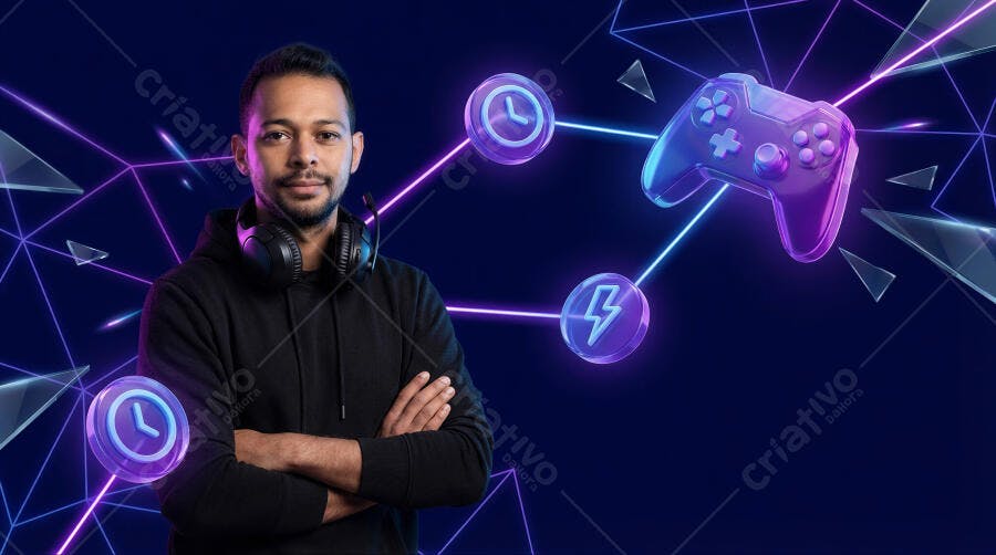 Foto Gamer Homem Negro Fones de Ouvido Braços Cruzados Fundo Neon