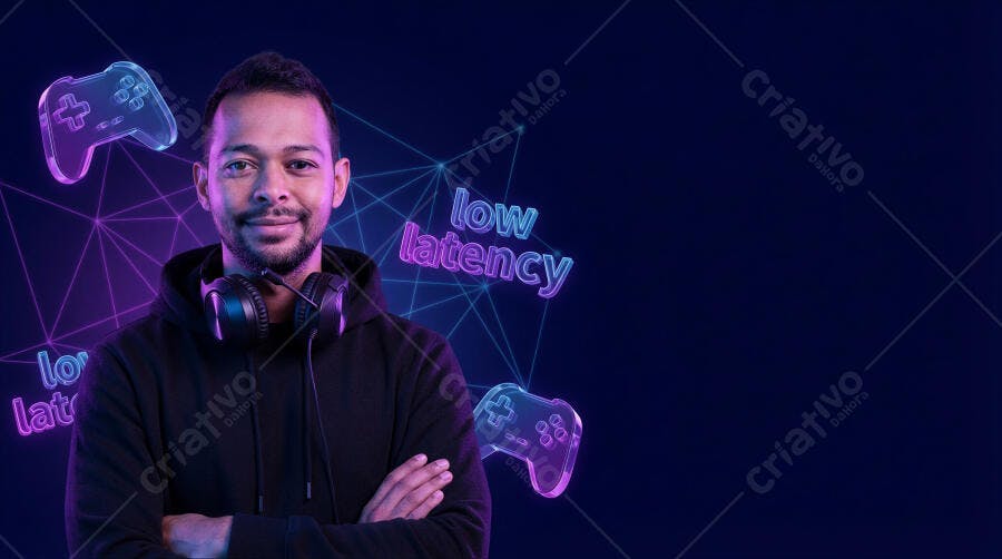 Foto Gamer Homem Negro Sorrindo Fones de Ouvido Fundo Neon Azul