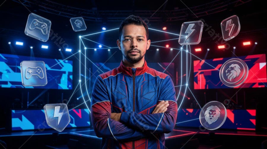 Foto Gamer Homem Pardo Braços Cruzados Fundo E-sports