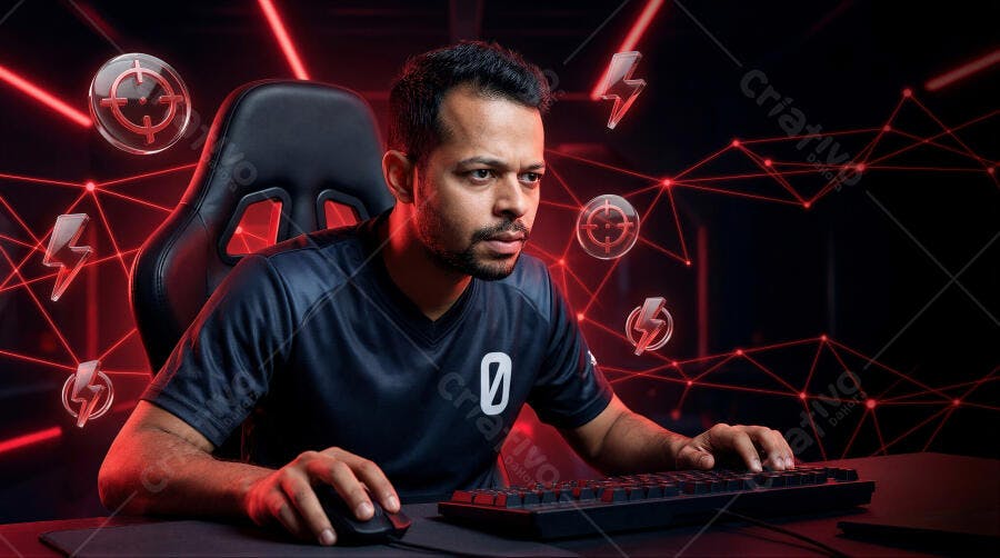Foto Gamer Jogando Online Computador Fundo Neon Vermelho