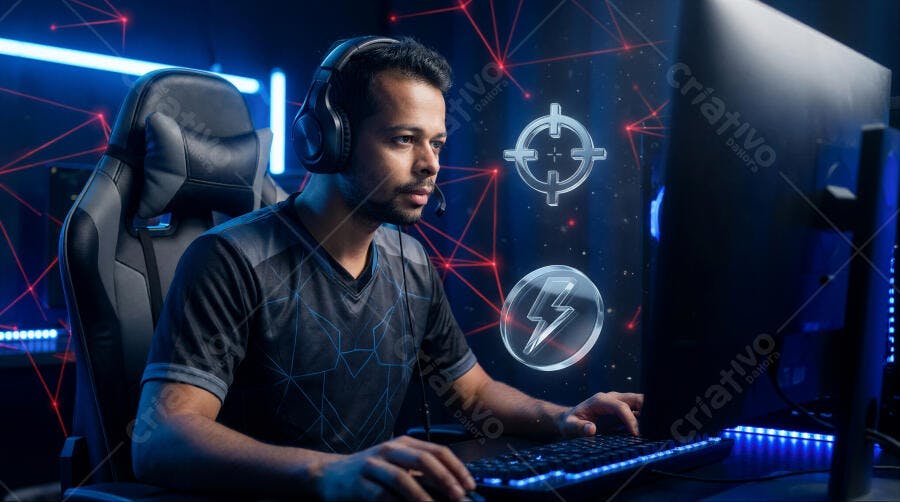 Foto Gamer Jogando Online Computador Setup Neon Azul