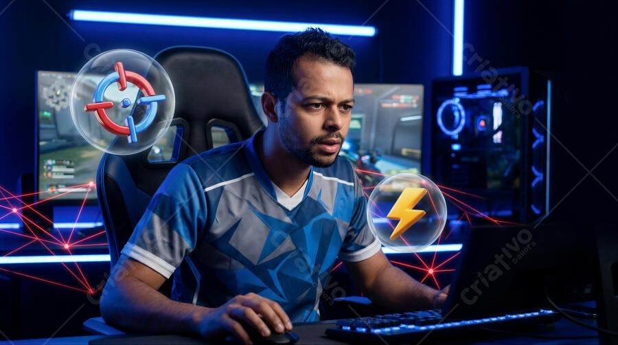 Foto Gamer Jogando Online Setup Moderno Luz Neon Azul