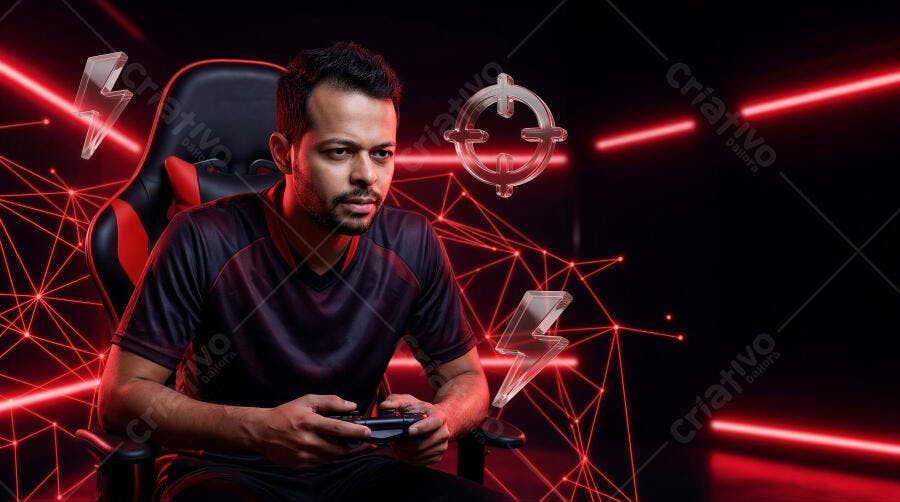 Foto Gamer Jogando Videogame Controle Cadeira Ergonômica Luz Neon Vermelha