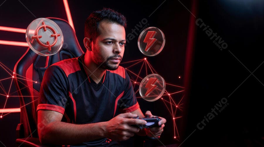 Foto Gamer Jogando Videogame Foco Intenso Cenário Escuro Neon Vermelho