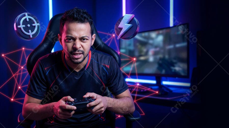 Foto Gamer Jogando Videogame Foco Intenso Cenário Neon