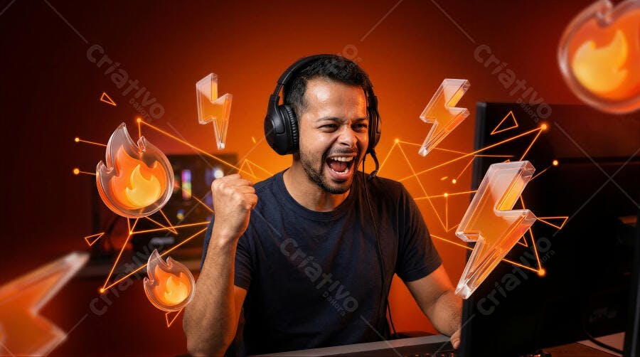 Foto Gamer Masculino Negro Celebrando Vitória Jogo Online