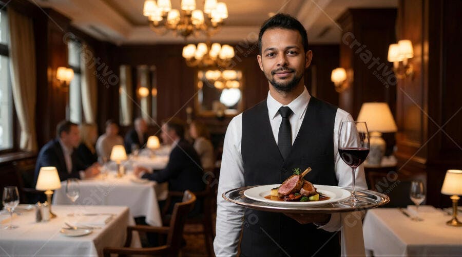 Foto Garçom Homem Indiano Servindo Prato Refinado Restaurante Luxuoso