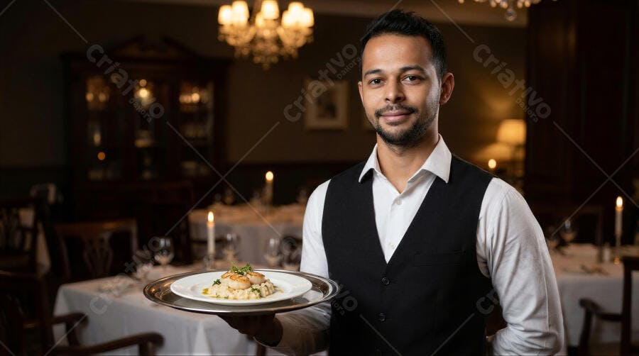 Foto Garçom Homem Sorrindo Servindo Prato Restaurante Fino