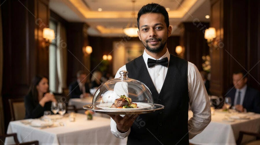 Foto Garçom Indiano Servindo Prato Fino Restaurante Luxuoso