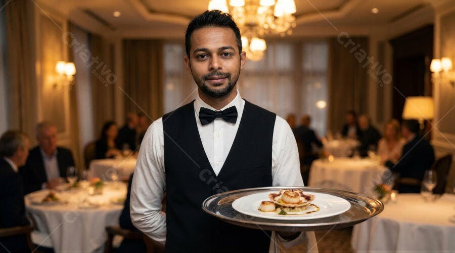 Foto Garçom Indiano Servindo Prato Refeição Restaurante Luxuoso
