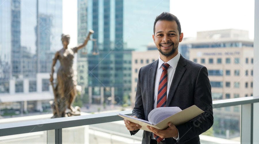 Foto Homem Advogado Sorrindo Documentos Prédio Justiça