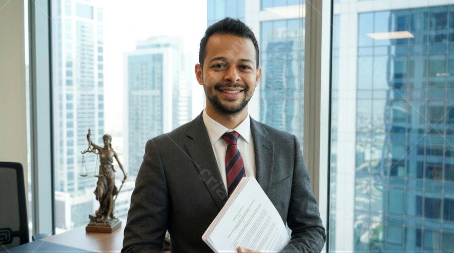Foto Homem Advogado Sorrindo Escritório Moderno Documentos