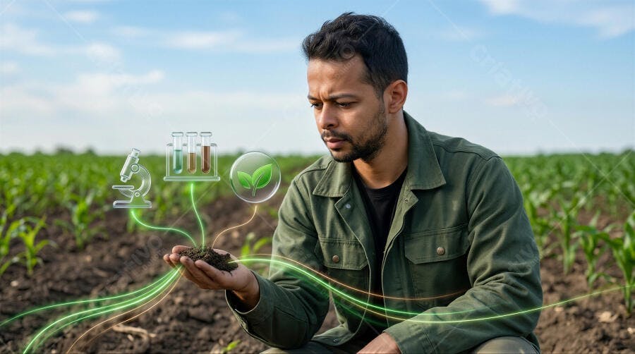Foto Homem Agricultor Analisando Terra com Hologramas de Tecnologia Agrícola