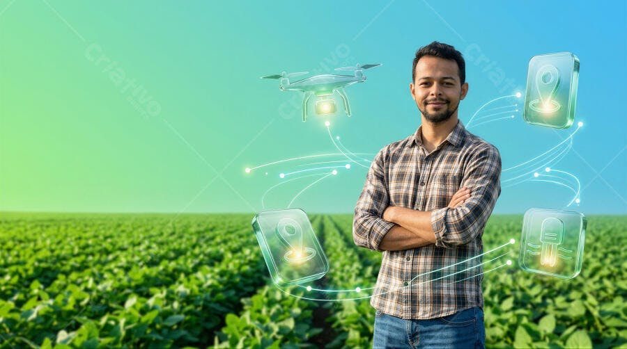 Foto Homem Agricultor Tecnologia Campo de Soja Drone