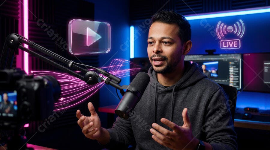 Foto Homem Apresentando Podcast Stream ao Vivo Estúdio Neon