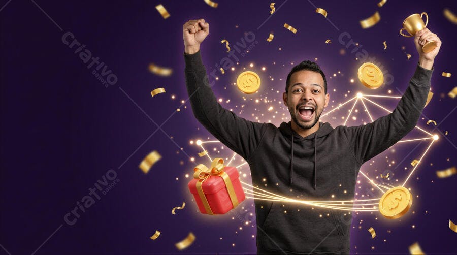 Foto Homem Celebrando Vitória Prêmio Presente Fundo Roxo