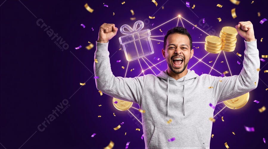 Foto Homem Celebrando Vitória Prêmios Moedas Confetes Roxo