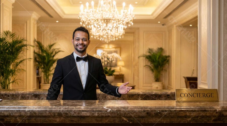 Foto Homem Concierge Sorrindo Balcão Hotel Luxo