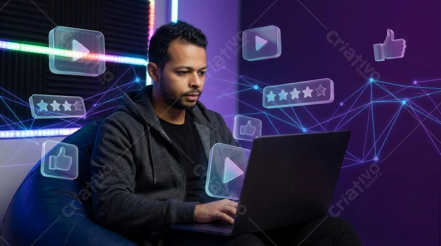 Foto Homem Criador Conteúdo Trabalhando Notebook Fundo Roxo Neon