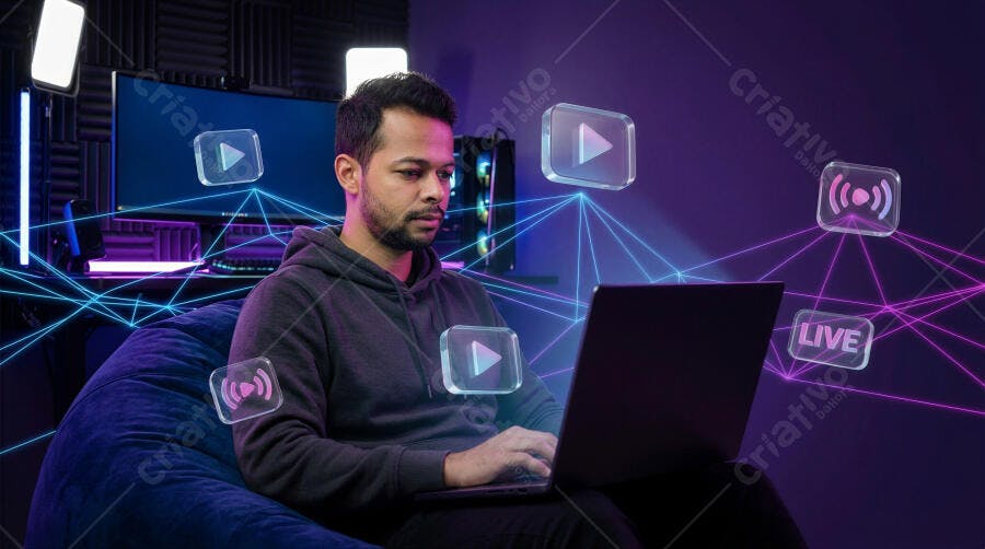 Foto Homem Criando Conteúdo Digital Transmissão ao Vivo