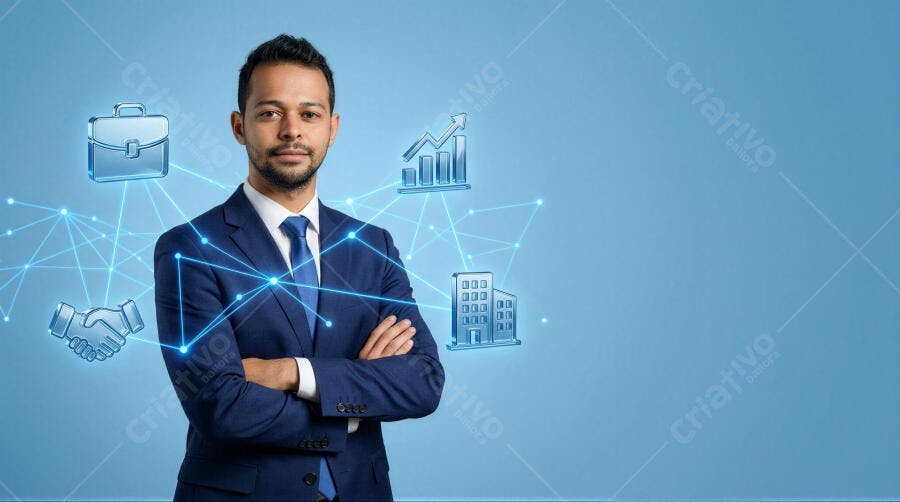 Foto Homem de Negócios Terno Azul Braços Cruzados Fundo Digital