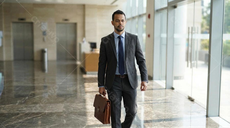 Foto Homem de Negócios Terno Maleta Andando Escritório Moderno