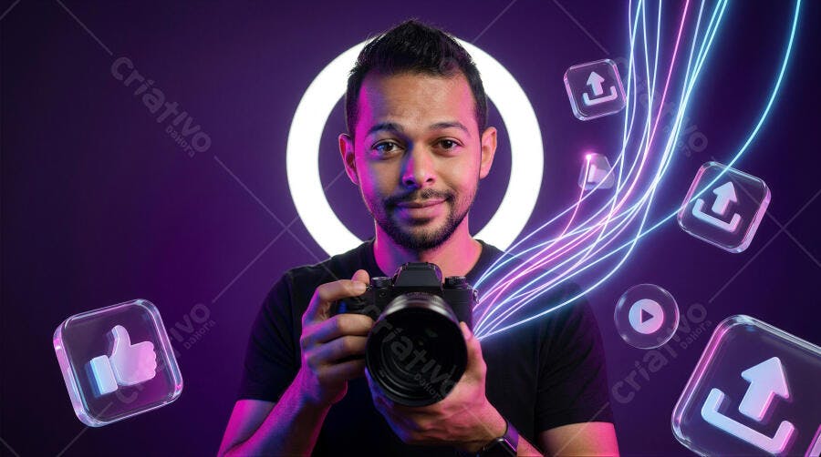 Foto Homem Fotógrafo Câmera Digital Fundo Roxo Neon Redes Sociais