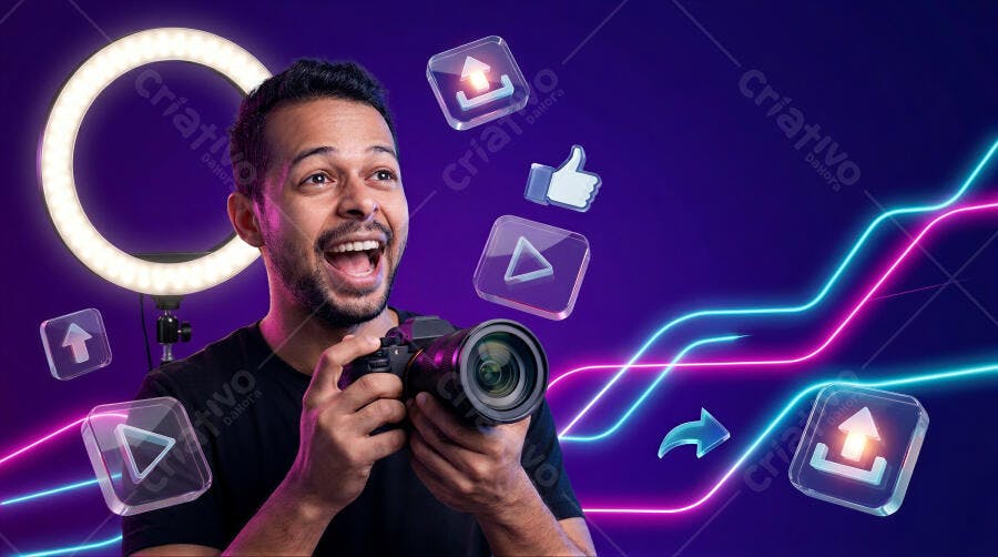 Foto Homem Fotógrafo Sorrindo Câmera Ring Light Neon Marketing Digital