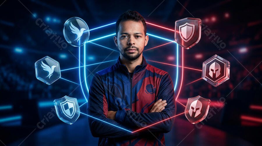 Foto Homem Gamer E-sports com Ícones Digitais Neon