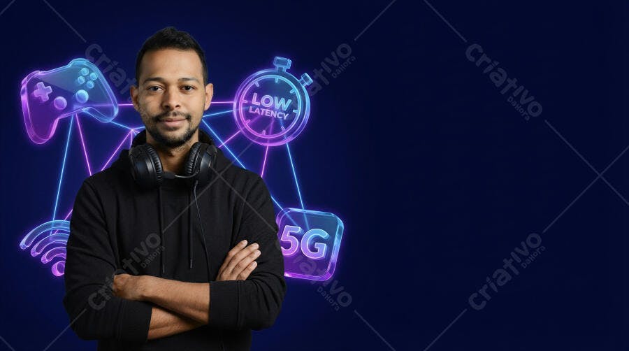 Foto Homem Gamer Fone de Ouvido Fundo Neon Tecnologia 5G