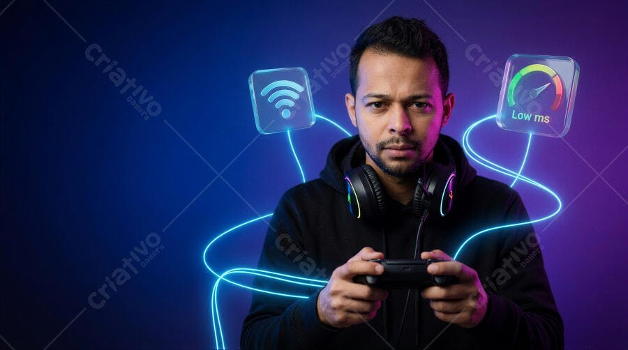 Foto Homem Gamer Jogando Videogame Fundo Neon Roxo Azul