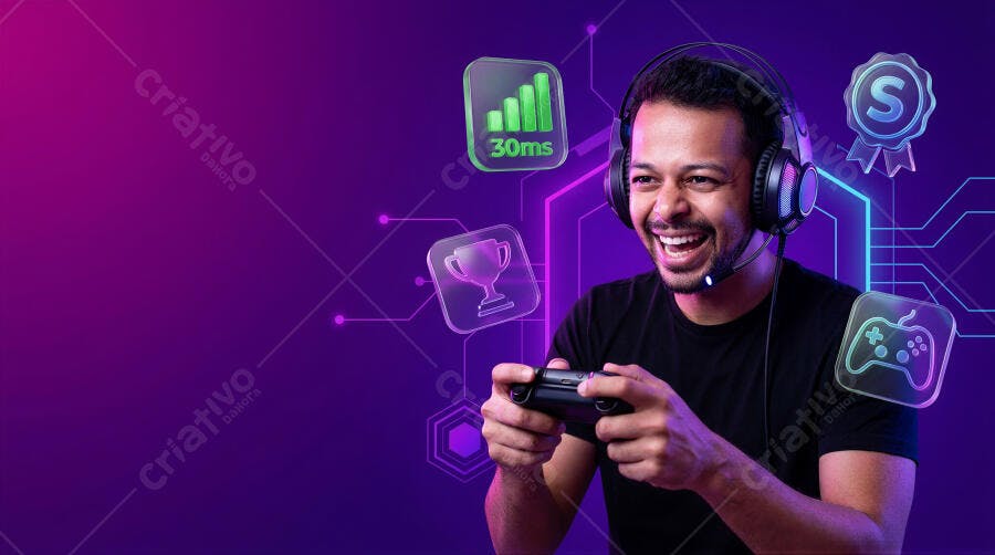 Foto Homem Gamer Jogando Videogame Fundo Roxo Neon Digital