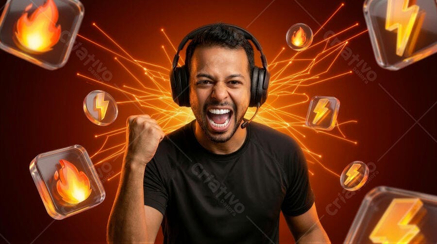 Foto Homem Gamer Negro Celebrando Vitória Fundo Abstrato Laranja