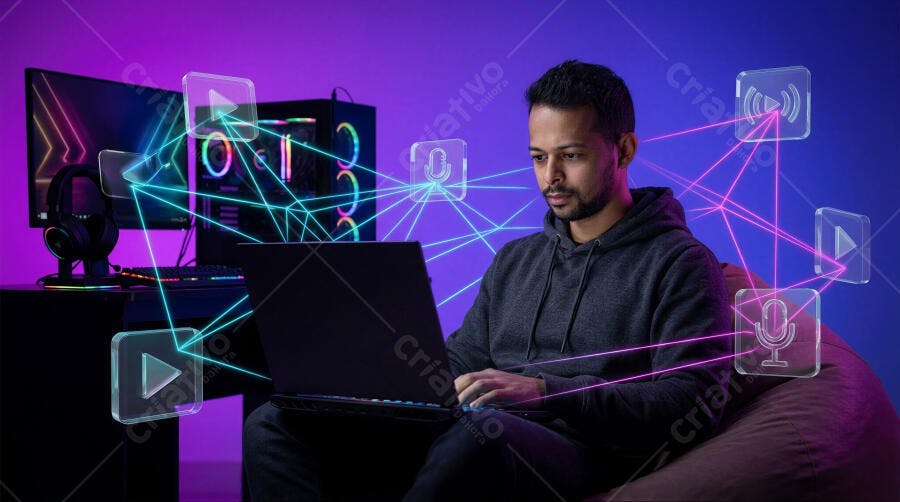 Foto Homem Gamer Trabalhando Notebook Setup Neon