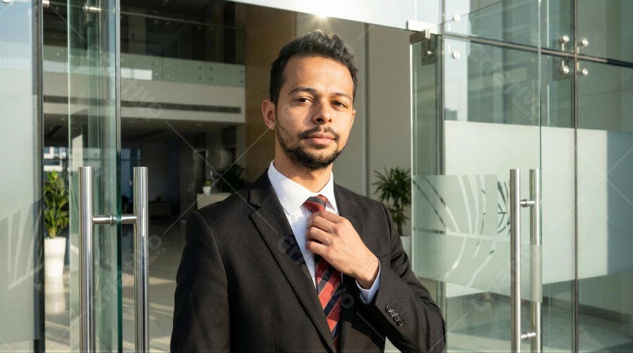 Foto Homem Indiano Ajustando Gravata Escritório Corporativo