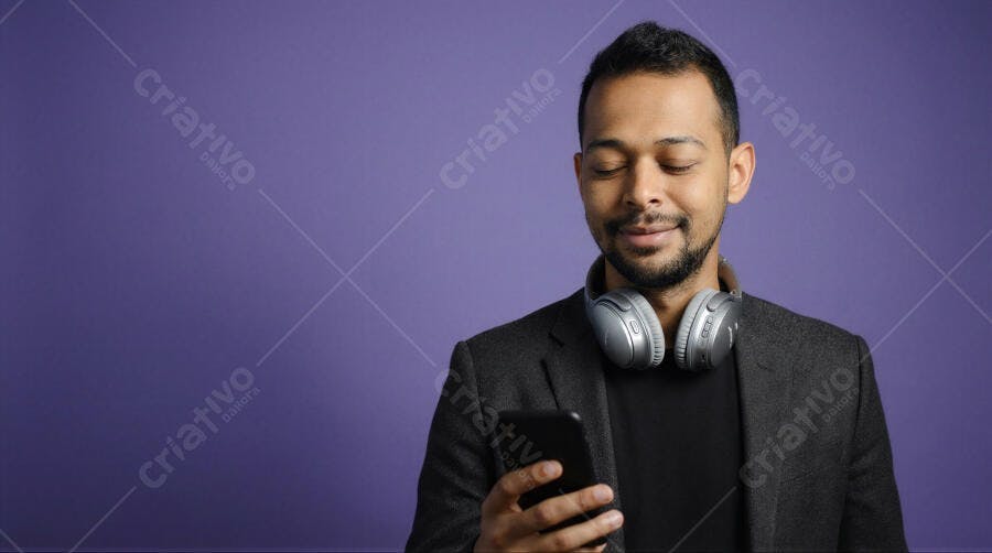 Foto Homem Indiano Olhos Fechados Celular Fone de Ouvido