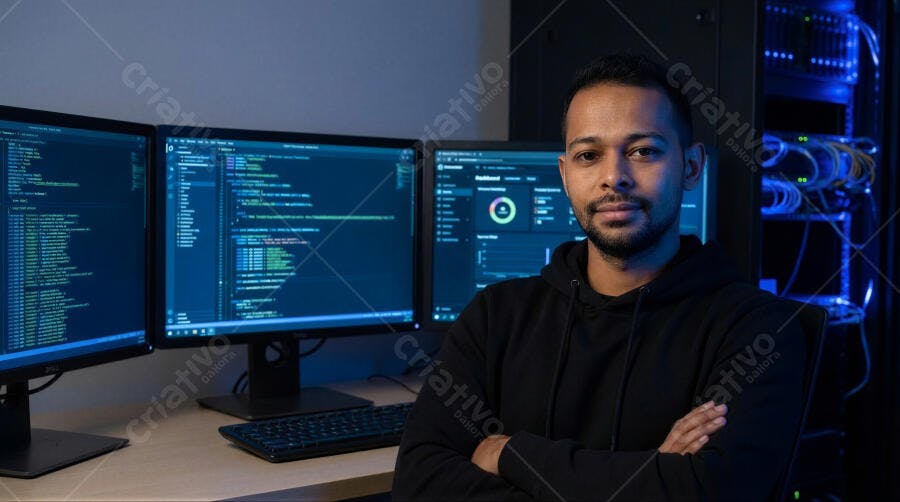 Foto Homem Indiano Programador TI Servidor Data Center