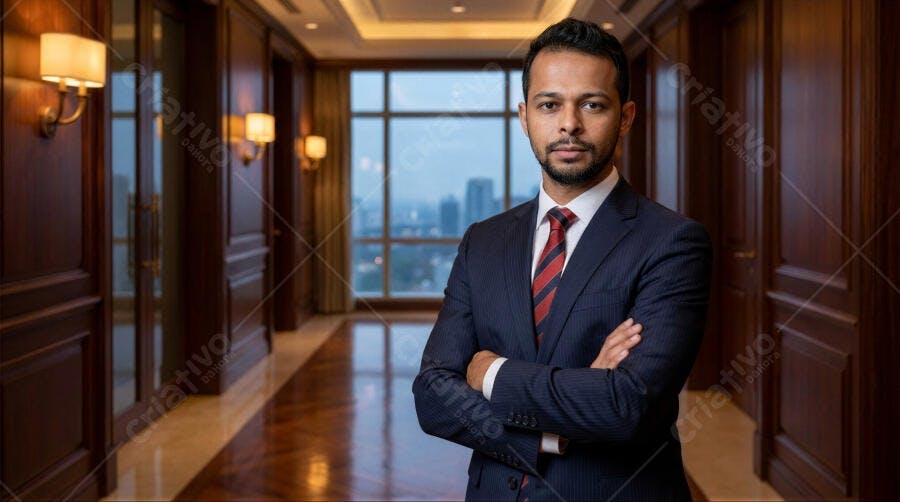 Foto Homem Indiano Terno Braços Cruzados Escritório Corporativo