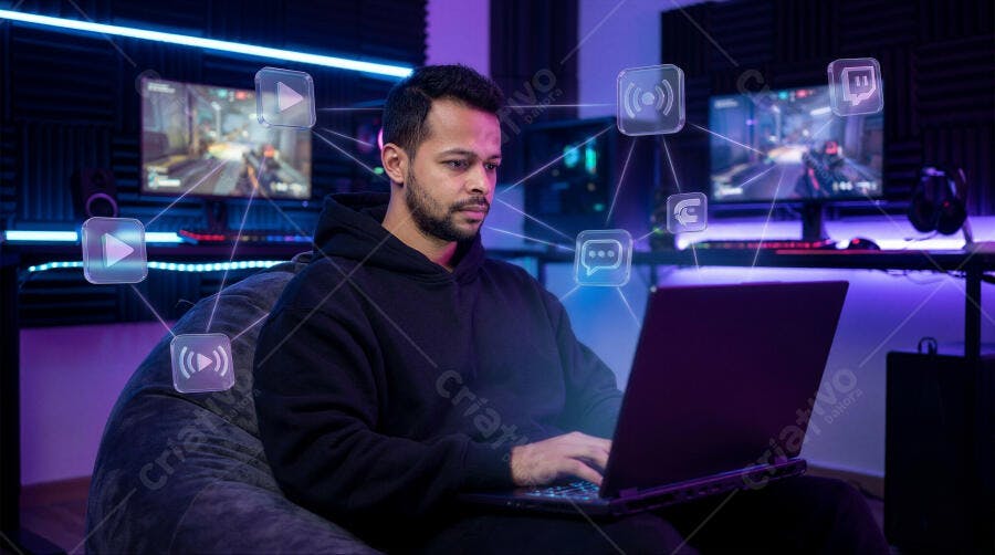 Foto Homem Jogador Gamer Trabalhando Notebook Setup Neon