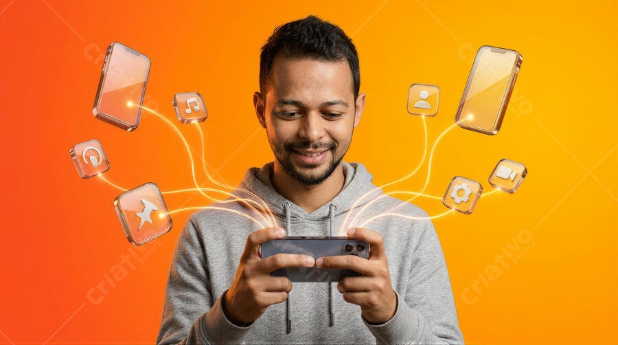 Foto Homem Jogando Celular Aplicativos Flutuantes Fundo Laranja